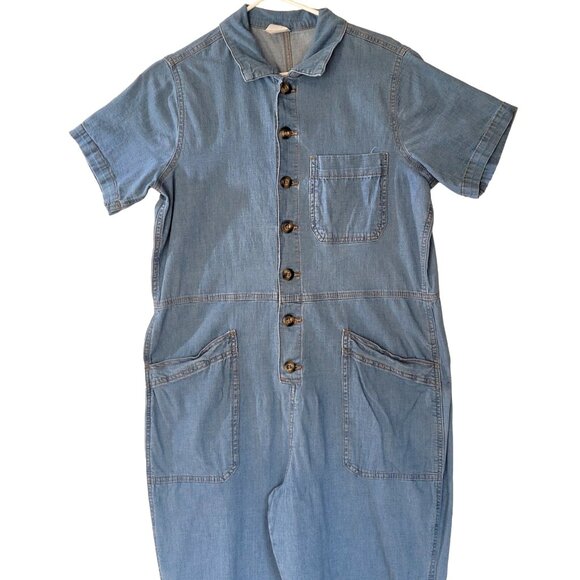 Denim Jumpsuit Juniors XL Button Front Elastic Cuffs No Boundaries Pockets Short - Picture 1 of 8